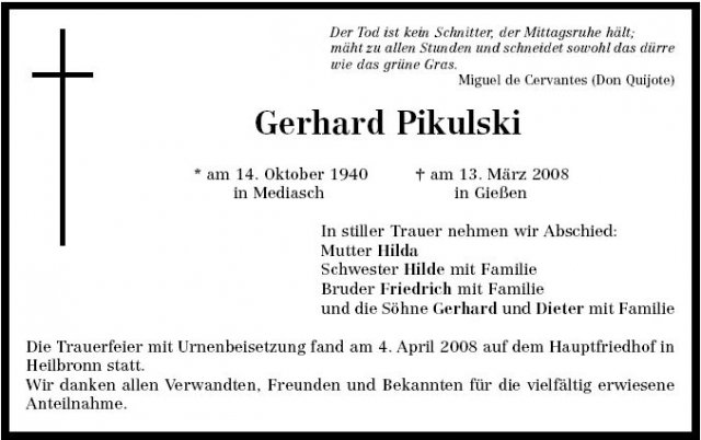 Pikulski Gerhard 1940-2008 Todesanzeige